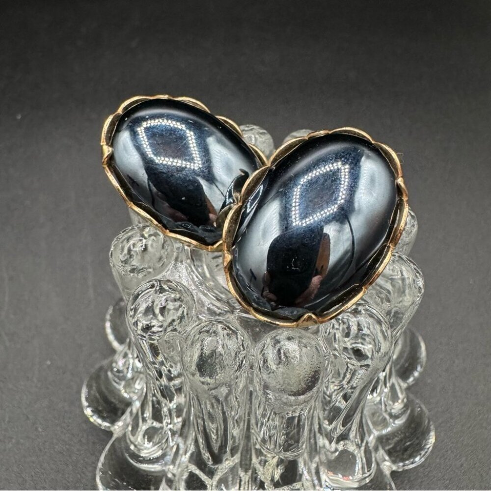 Vintage Mid-Century faux hematite, black cabochon Earrings Sarah Coventry - Picture 7 of 11